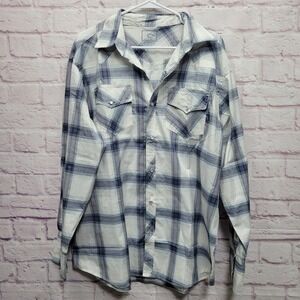 NEW Casual Country Western White Blue Plaid Shirt Men XL Pearl Snap Cowboy Rodeo